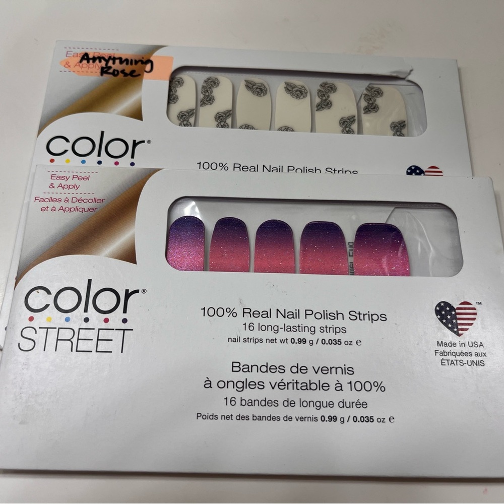 2 sets of Color Street nails. 1 glitter, 1 clear overlay